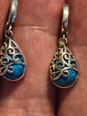 Gorgeous Turquoise Teardrop Filigree Dangle Earrings Signed S925